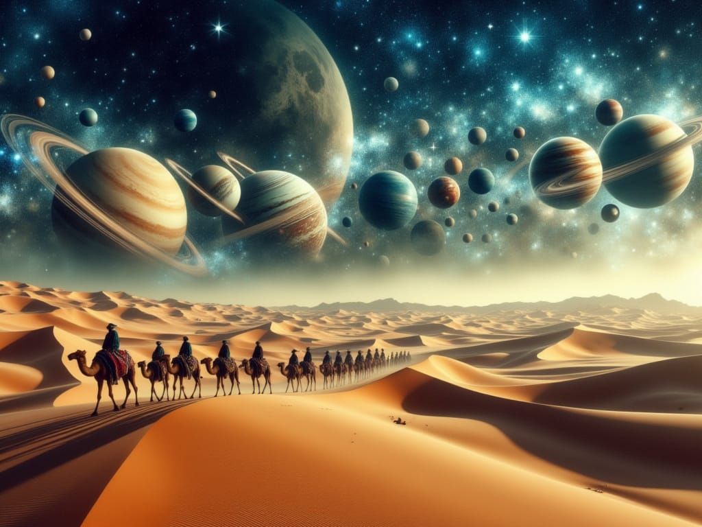 Ethereal Cosmic Caravan Ascends into the Desert Sky