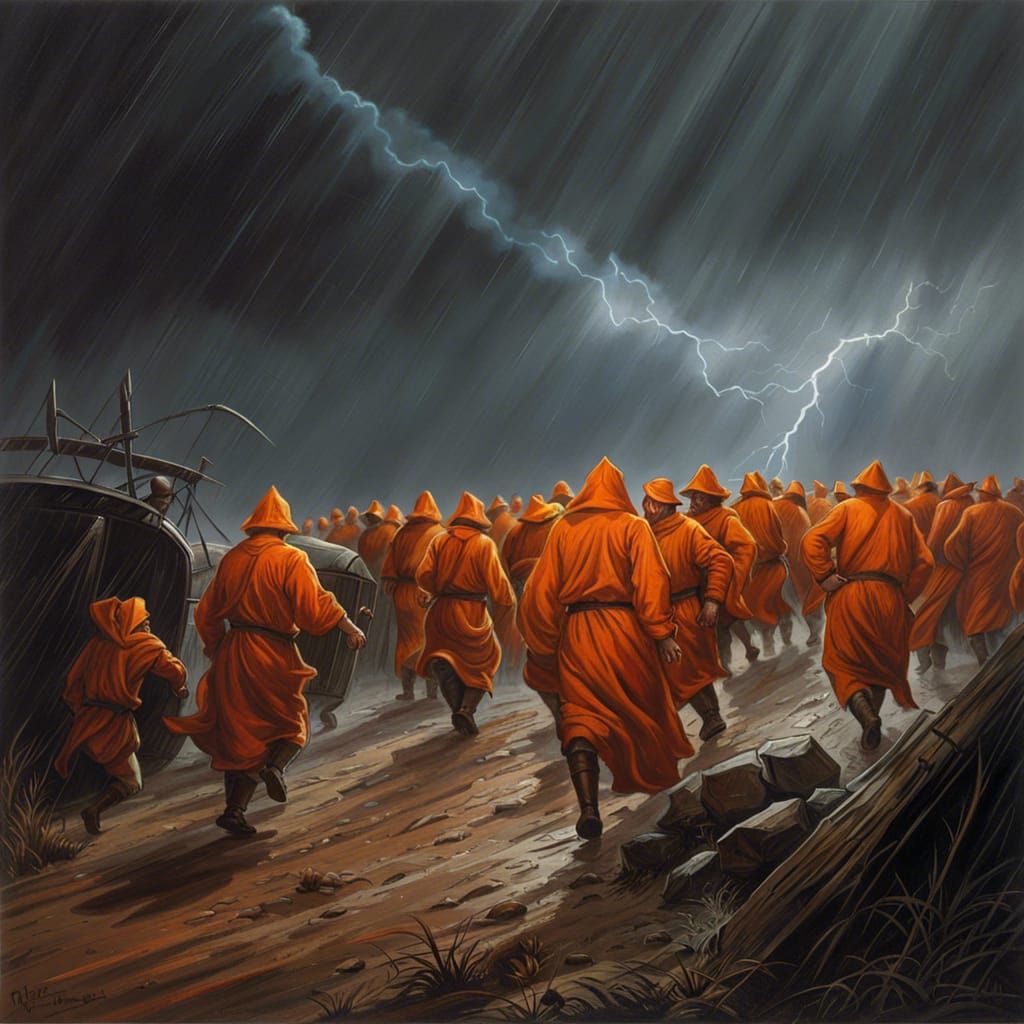Prisoners Fight During Stormy Night, Hyperrealistic Art
