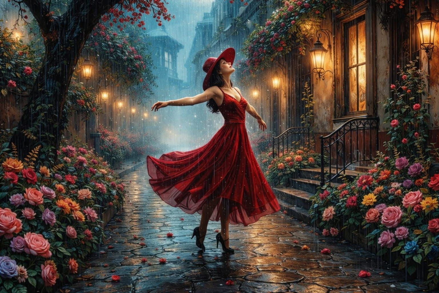 Victorian Showgirl Dancing in Stained Glass Sky