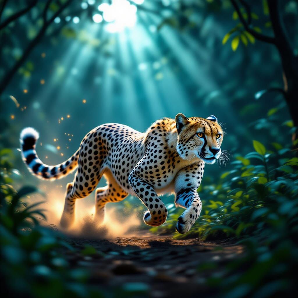 Bioluminescent Cheetah Sprints Through Moonlit Rainforest