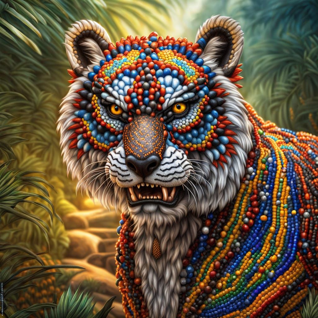Huichol Style Saber-Toothed Tiger in Jungle