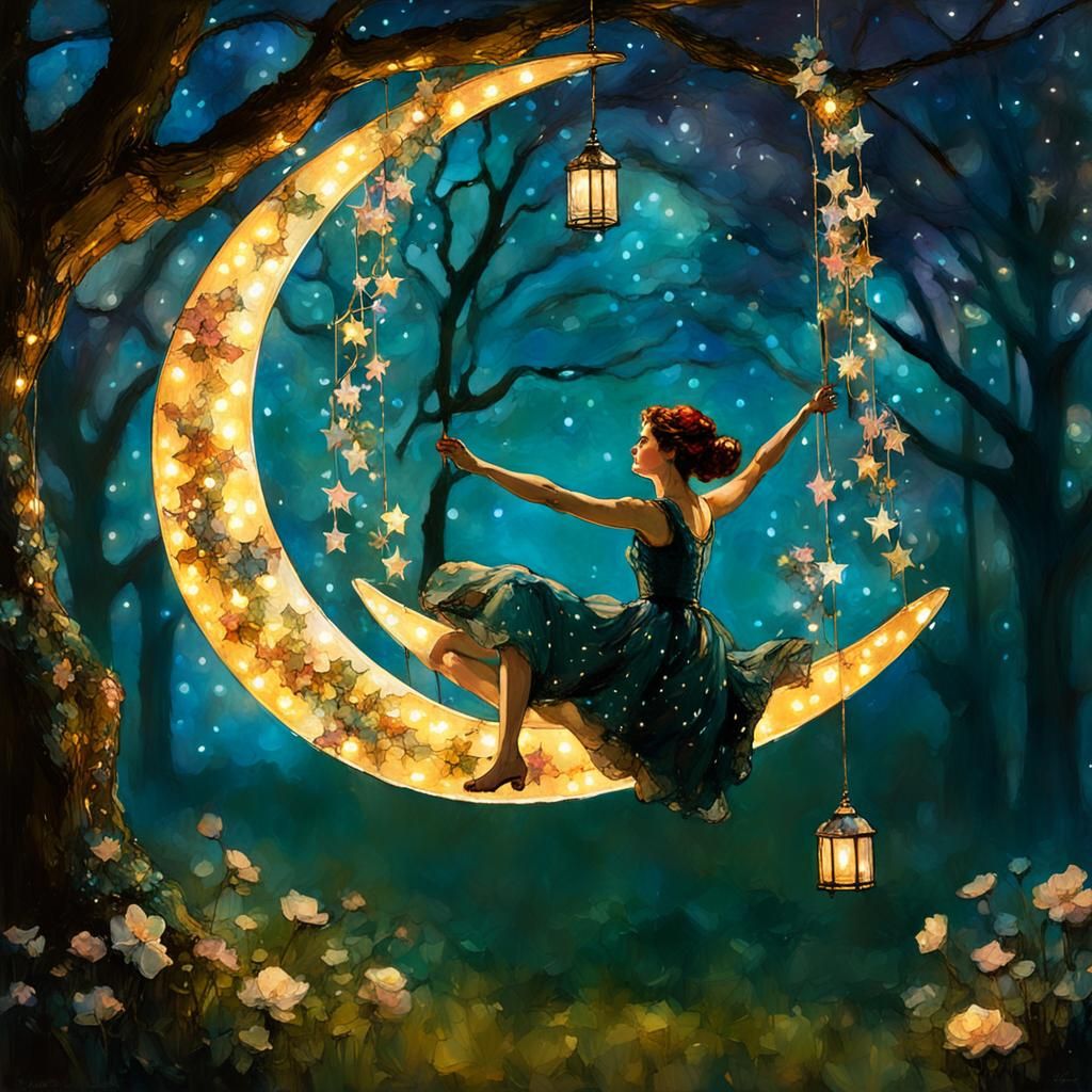 Edwardian Woman Swinging in Whimsical Garden, Impressionist ...