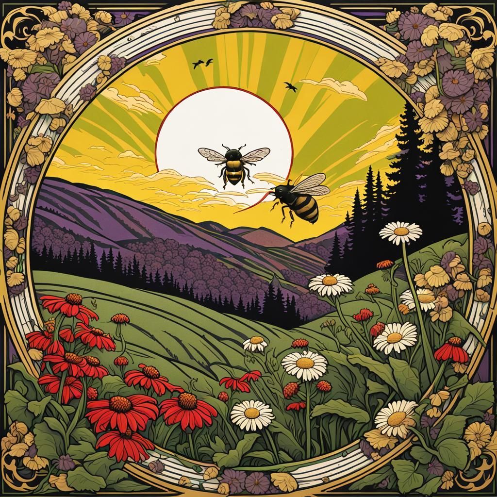 Vermont Landscape with Bee and Crow in Art Nouveau
