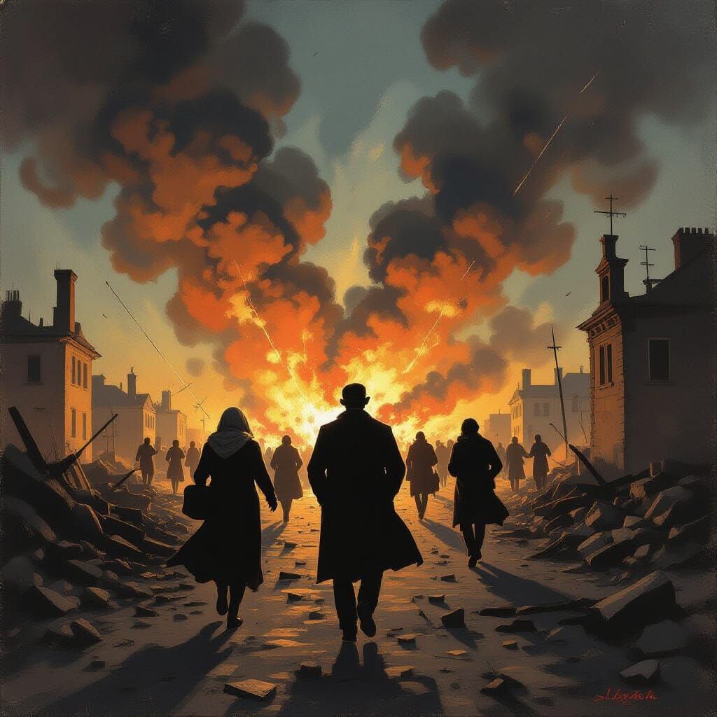 People Fleeing Bombings Amidst City Ruins