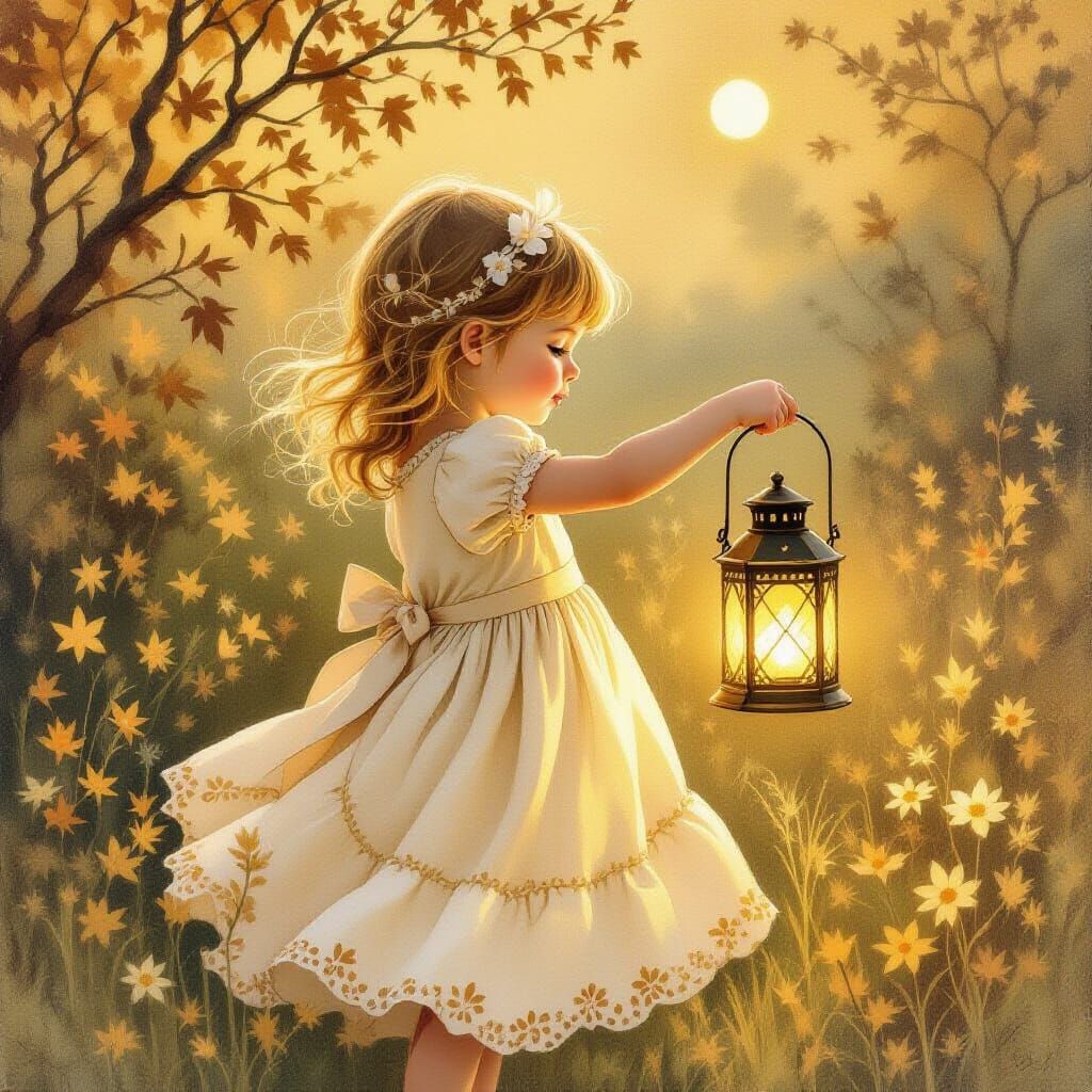 Girl with Lantern in Beatrix Potter Style