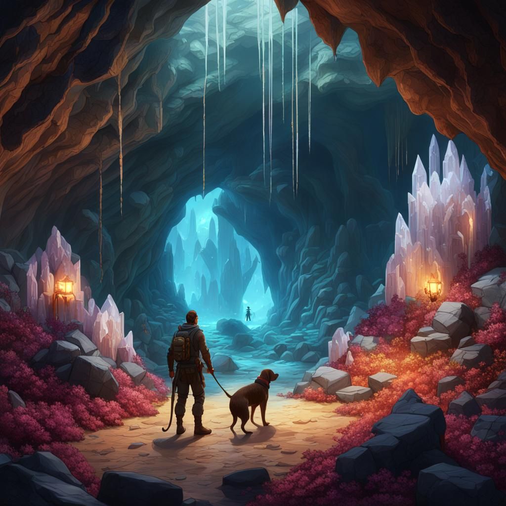 Crystal Cave Exploration: Detailed Fantasy Matte Painting