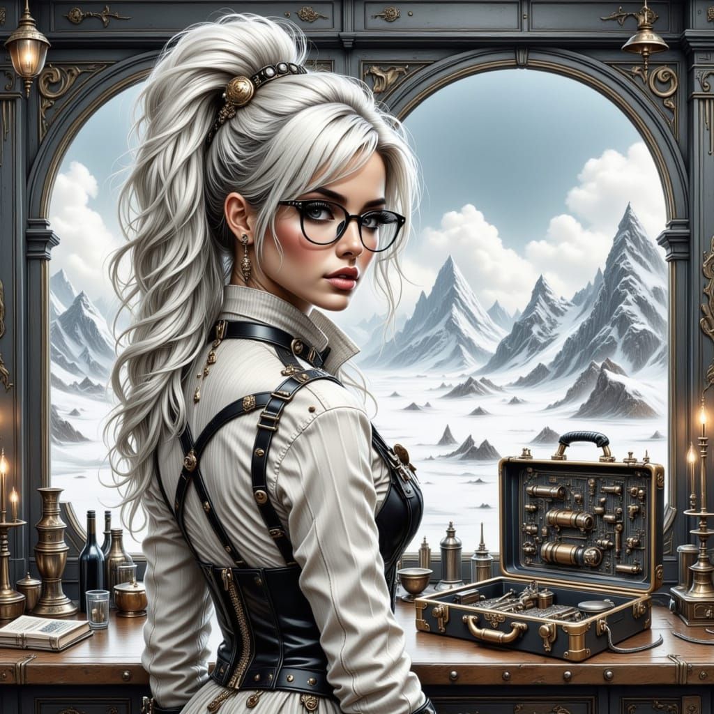 Steampunk Bioengineer with White Hair in Antarctic Room