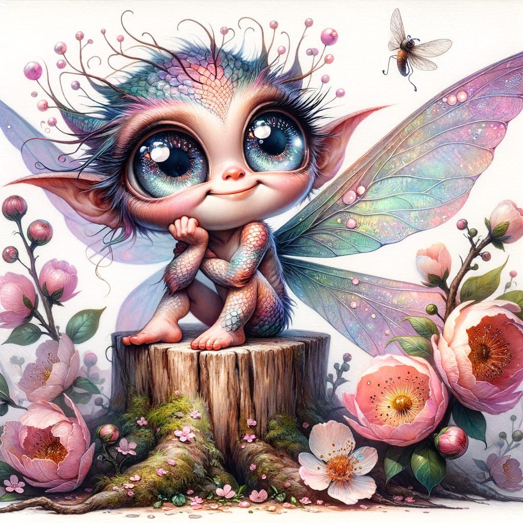 Mischievous Fairy on Blooming Stump, Impressionist Style