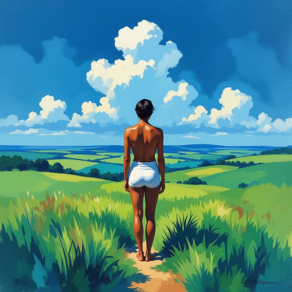 Surreal Landscape with Tanned Figure in Gouache Style