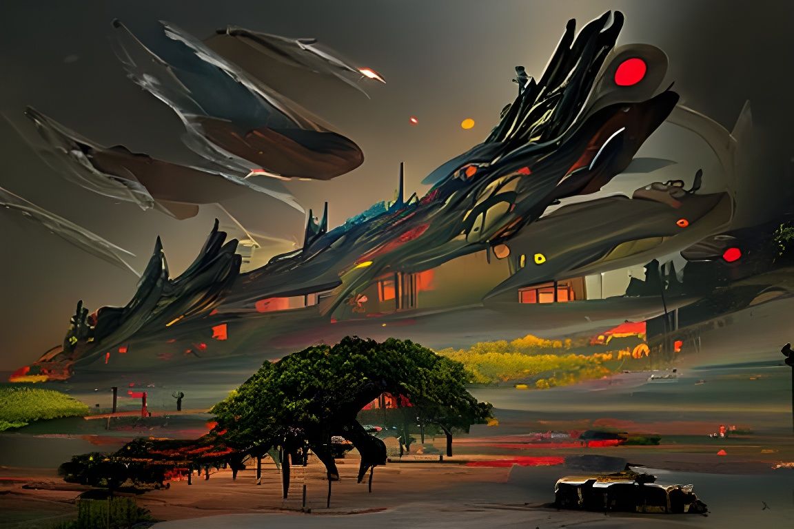 Oak Tree Spaceship Over Alien Cityscape