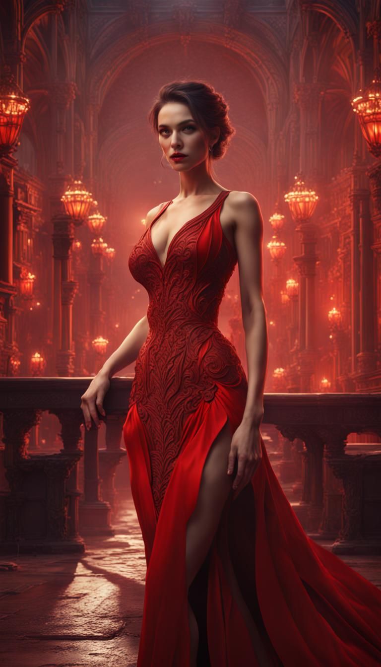 Woman in Red Dress: Detailed Fantasy Art
