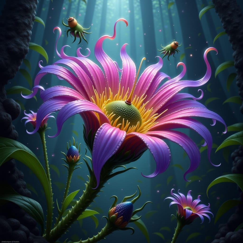 Bioluminescent Alien Flowers with Whimsical Creatures