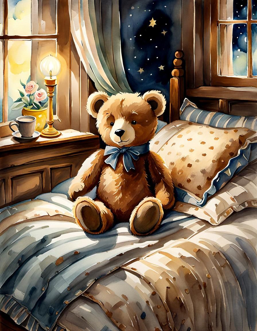 Teddy Bear's Bedtime: Whimsical Watercolor Illustration