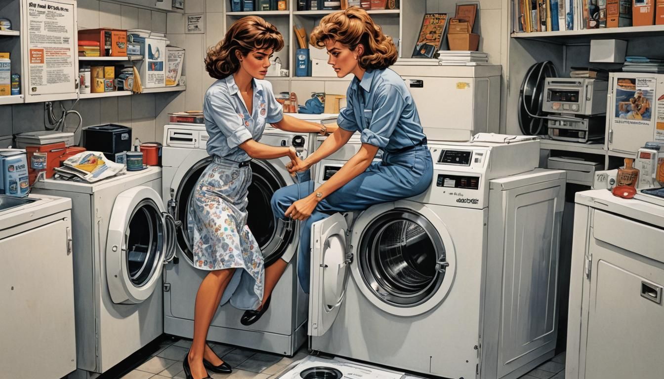 Model Showcases Whirlpool in Washing Machine, Comic Art