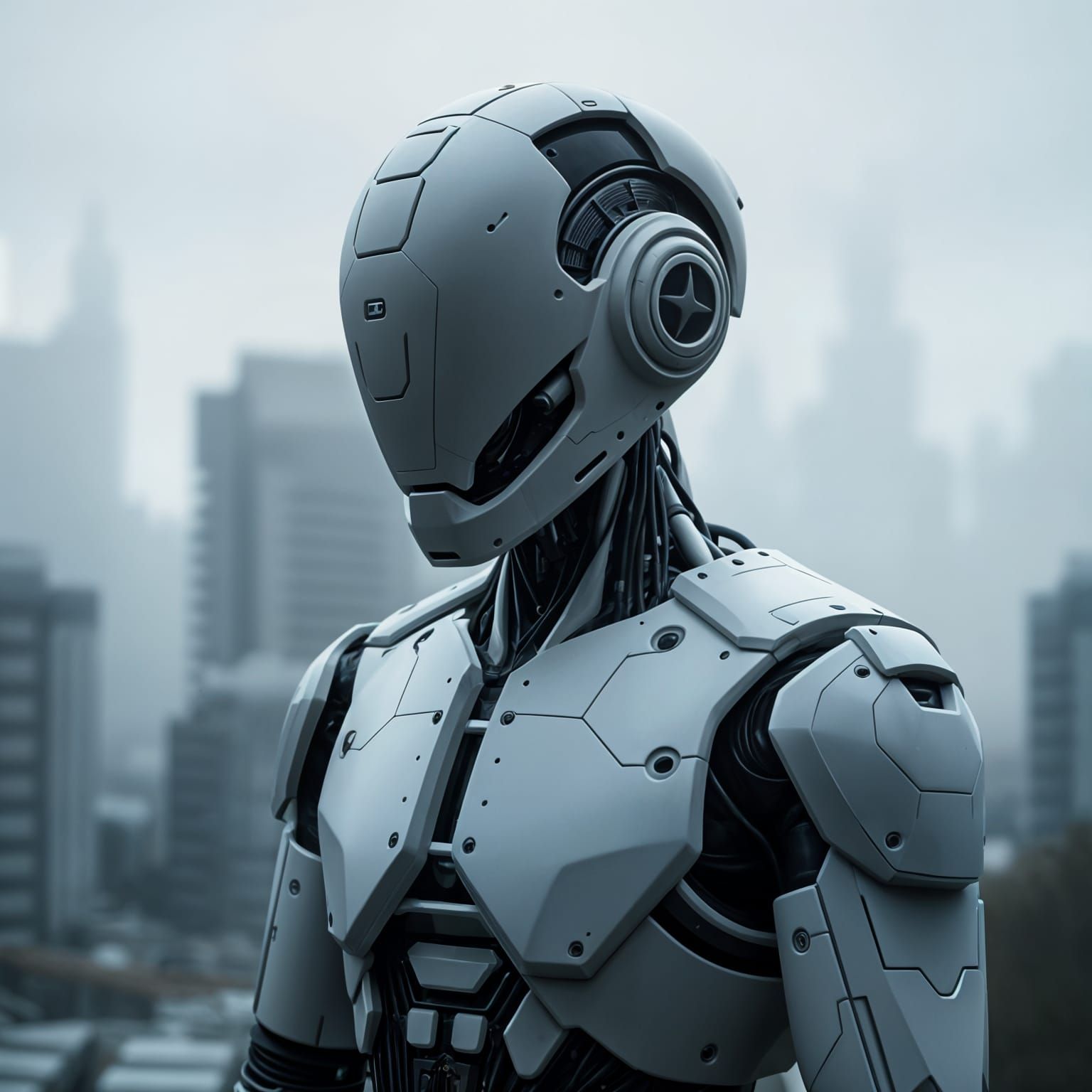 Cybernetic Android Emerges from Futuristic Metropolis