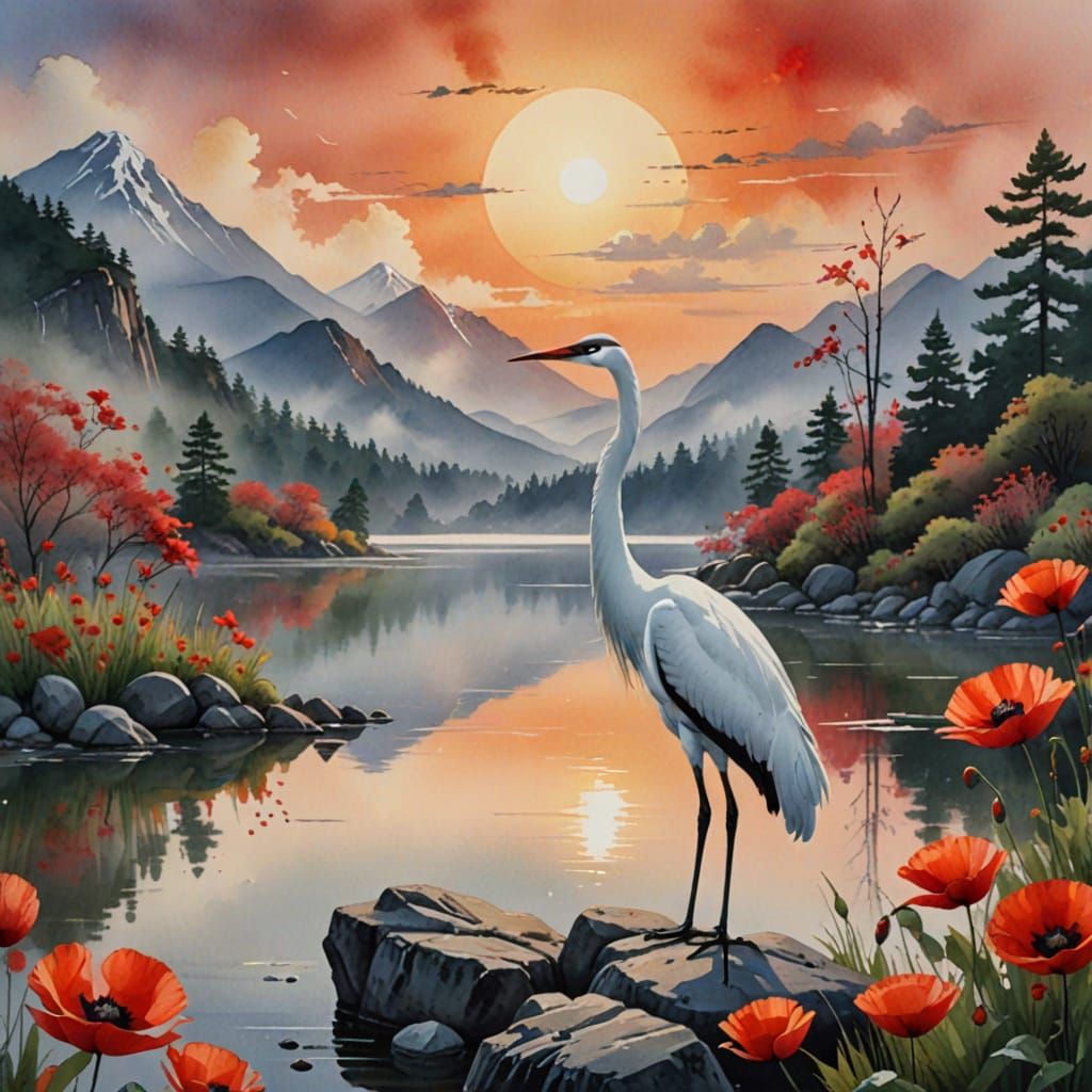 Serene Watercolor Crane Overlooking Lake