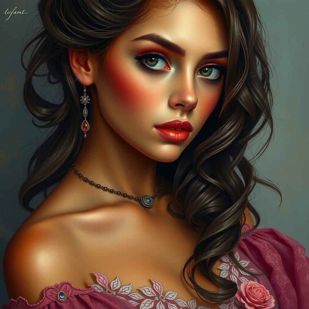 Captivating Woman in Elegant Dress: Mystical Realism