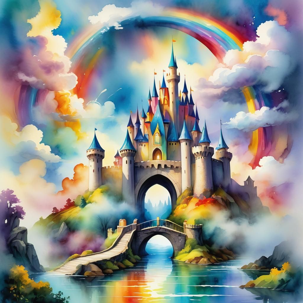 Rainbow Bridge to Fantasy Castle, Watercolor Art