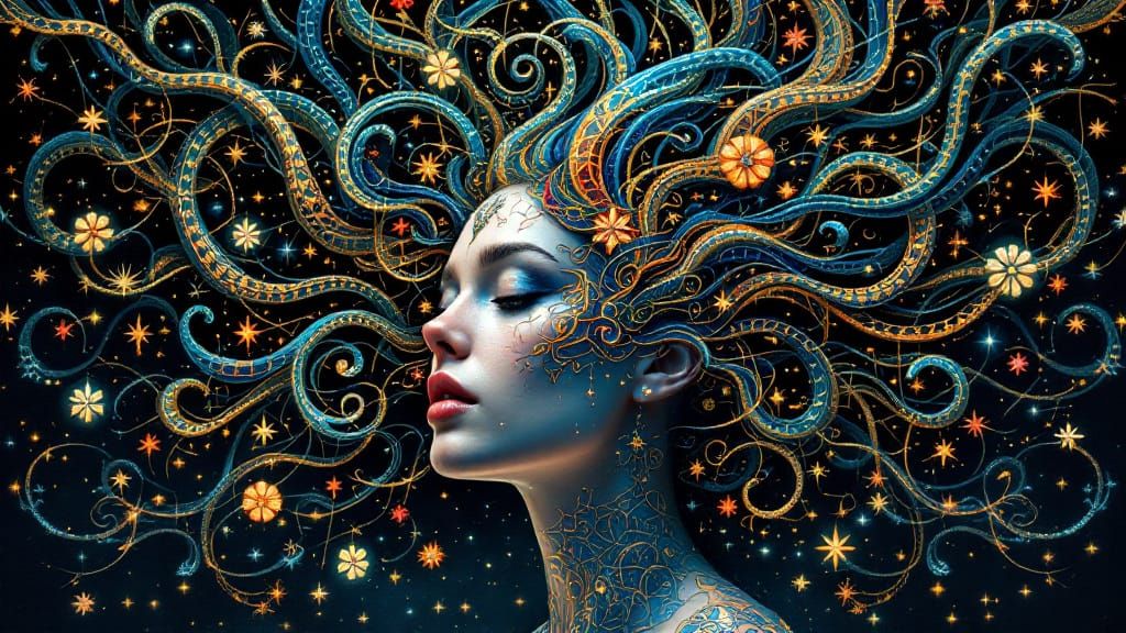 Regal Celtic Woman with Fractal Mosaic Hair