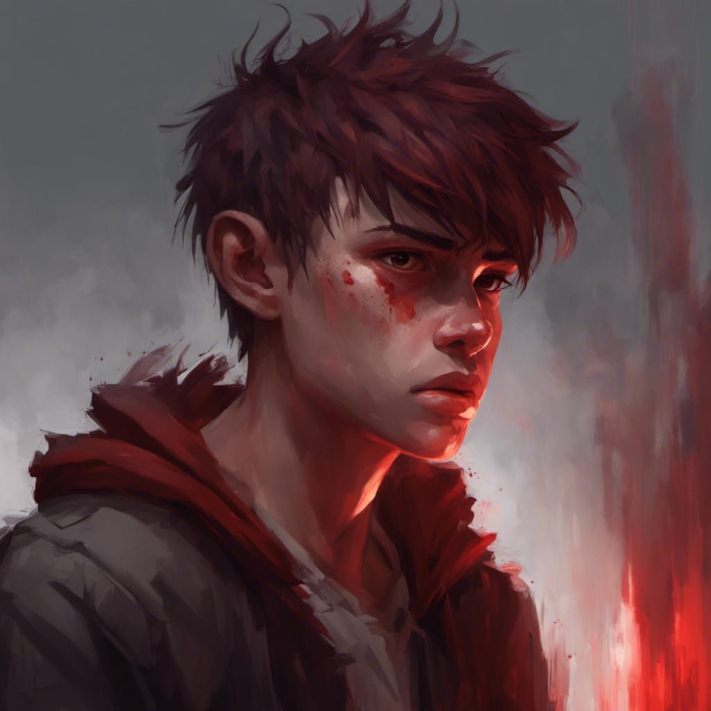 Lonely Boy Portrait with Dark Red Aura