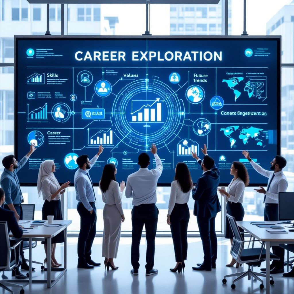 Diverse Professionals Explore Future Careers on Digital Wall