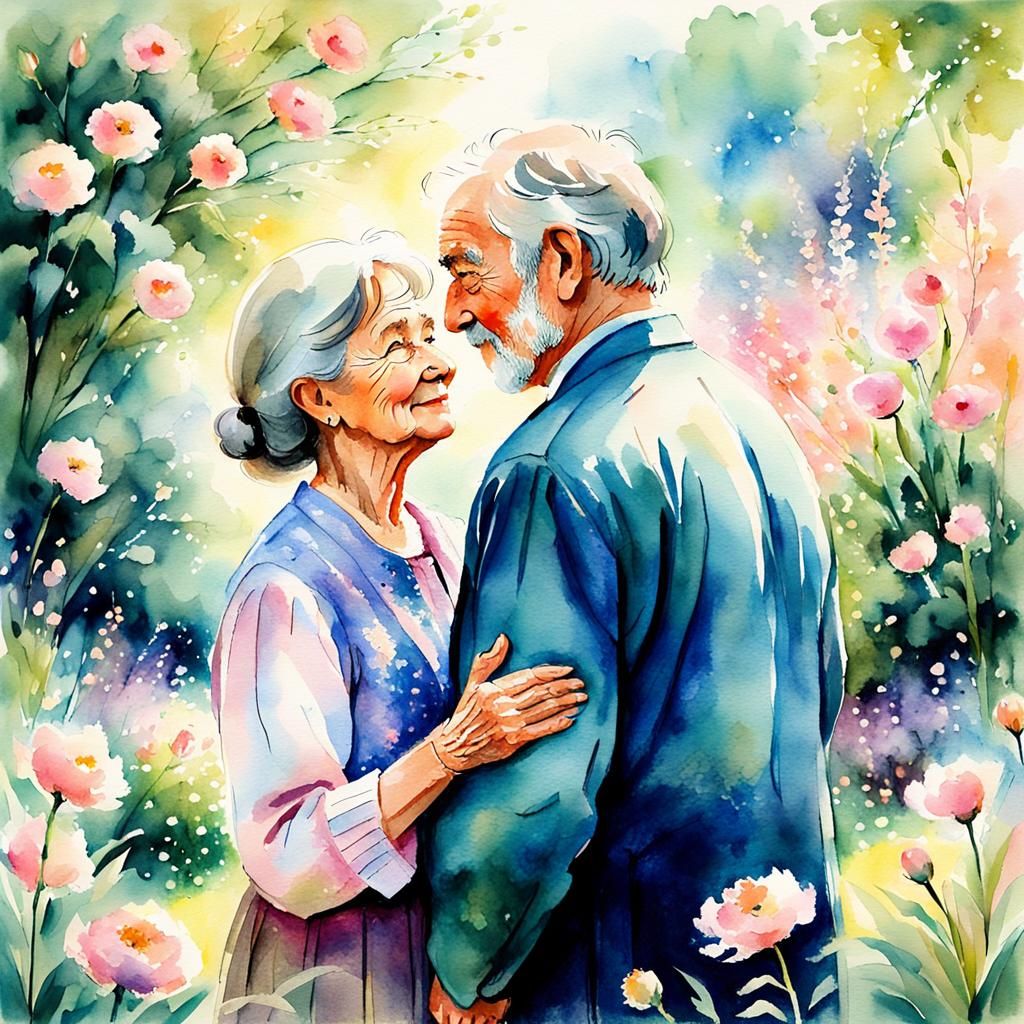 Impressionist Watercolor: Older Couple's Loving Gaze