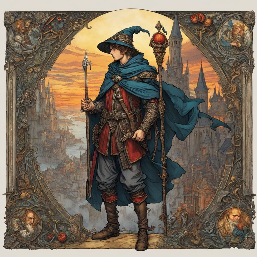 Boy Wizard's Journey in Arthur Rackham Style