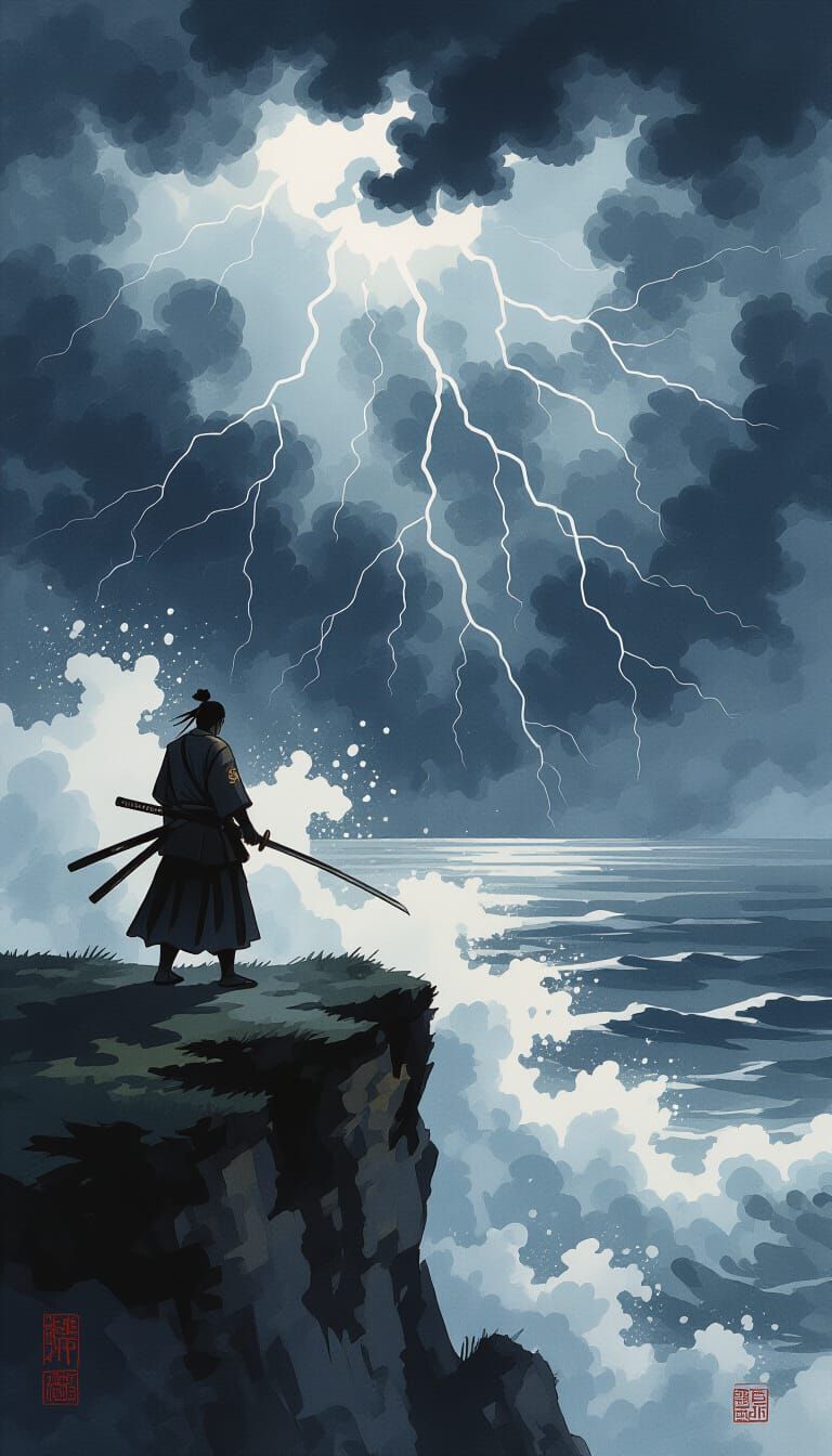 Samurai Warrior on Cliff Overlooking Stormy Sea