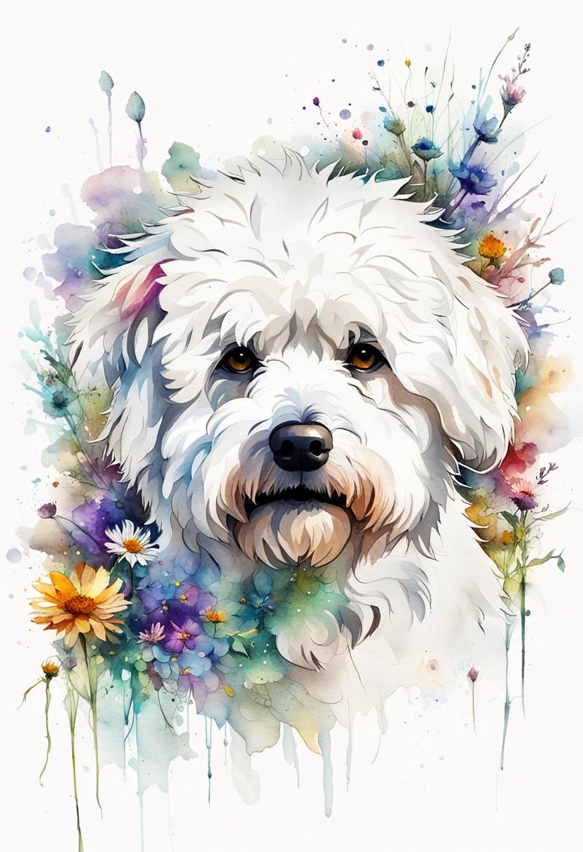 Watercolor Bichon Frise with Wildflowers