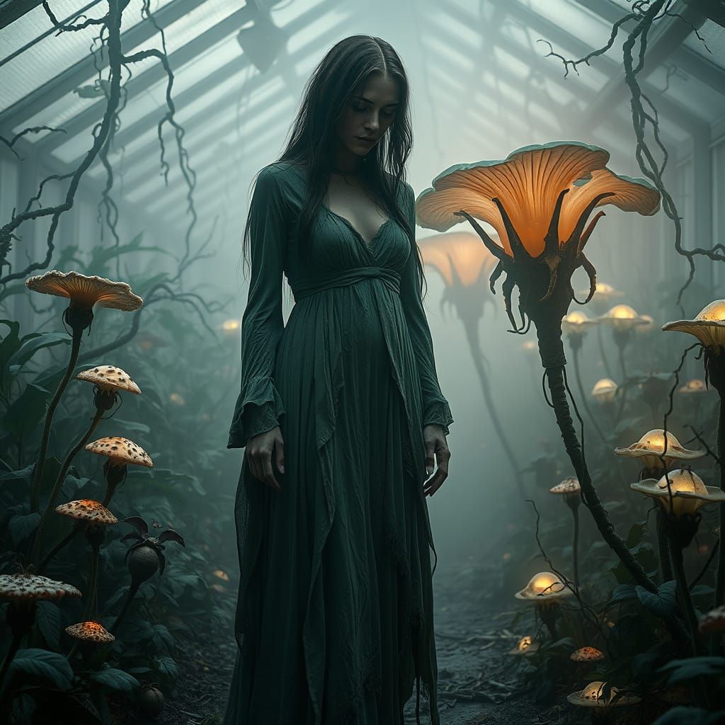 Eerie Beauty in Bioluminescent Greenhouse: Dark Fantasy
