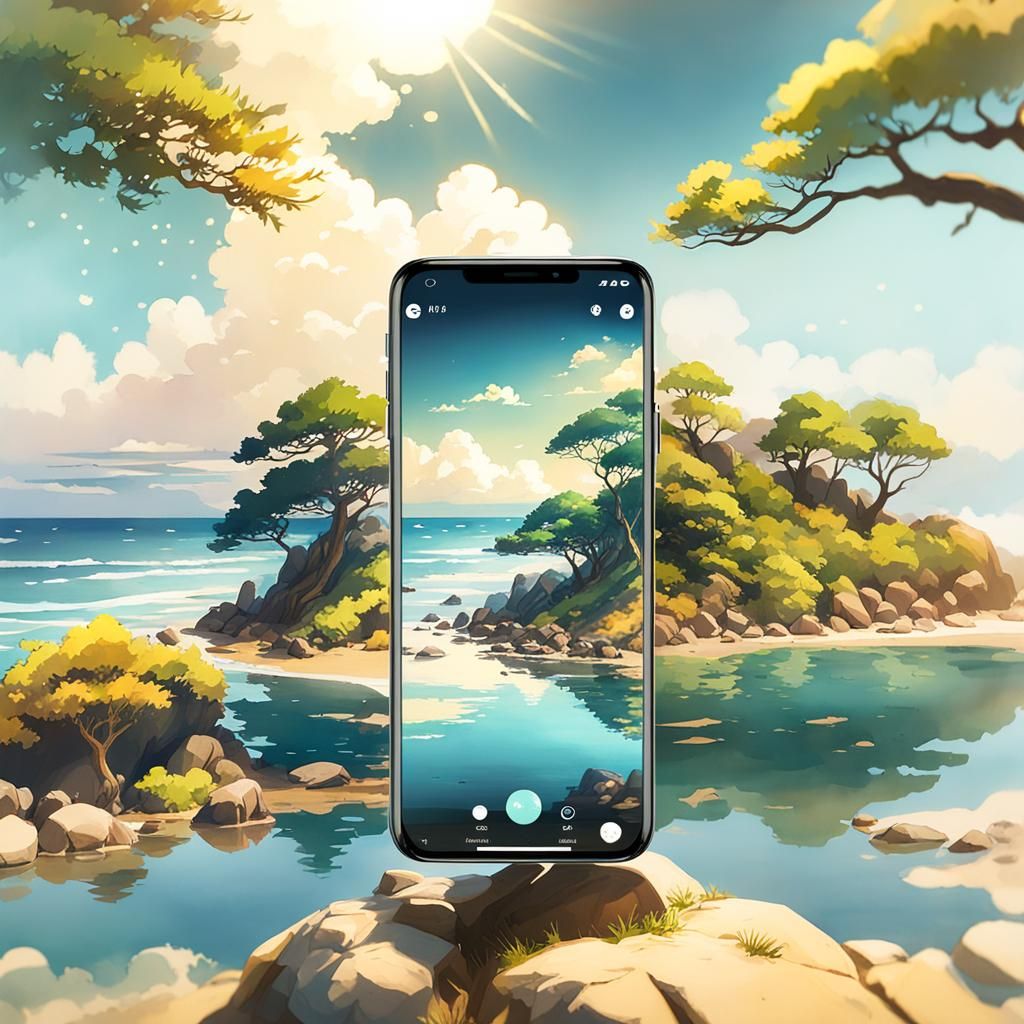 Seaside Landscape on Smartphone in Ghibli Watercolor