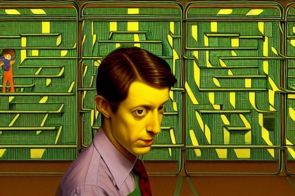Man Lost in Cubicle Maze: Retro Solarpunk Portrait