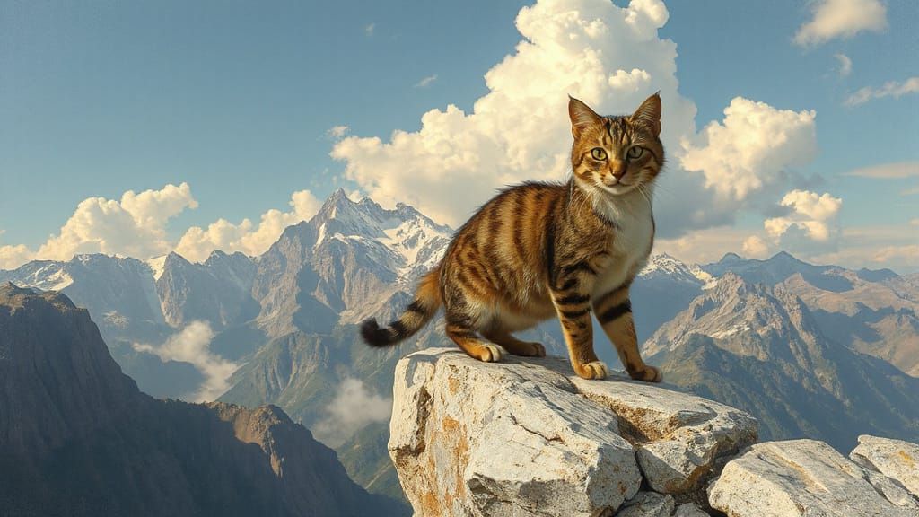 Tabby Cat Dominates Majestic Mountain Landscape