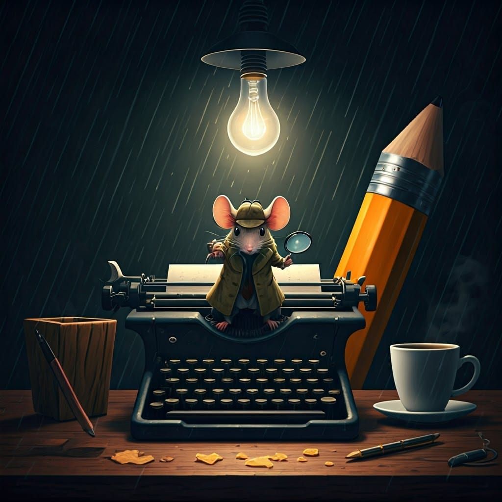 "A noir-style scene featuring a mouse detective in a trench coat and fedora, standing on a typewriter turned into his de...