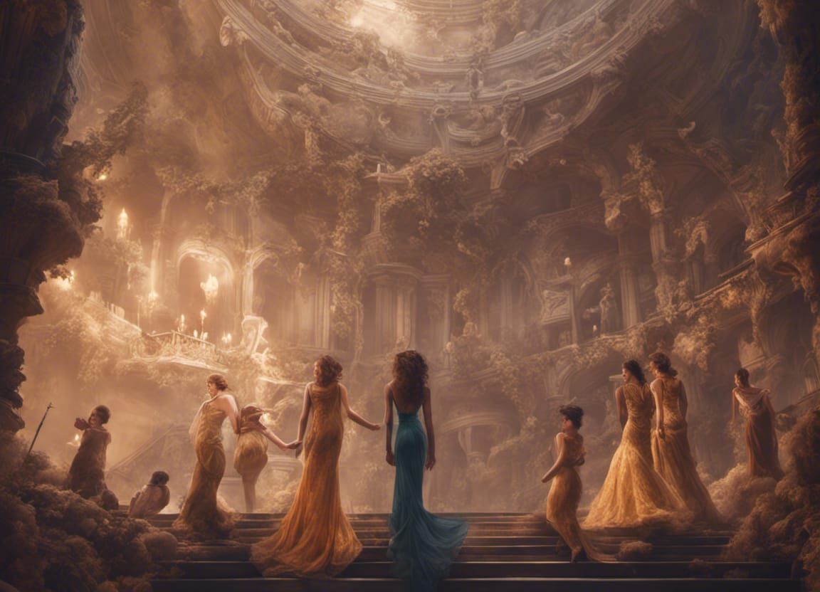 Elegance En Route Ladies on Their Way to the Palace Ball