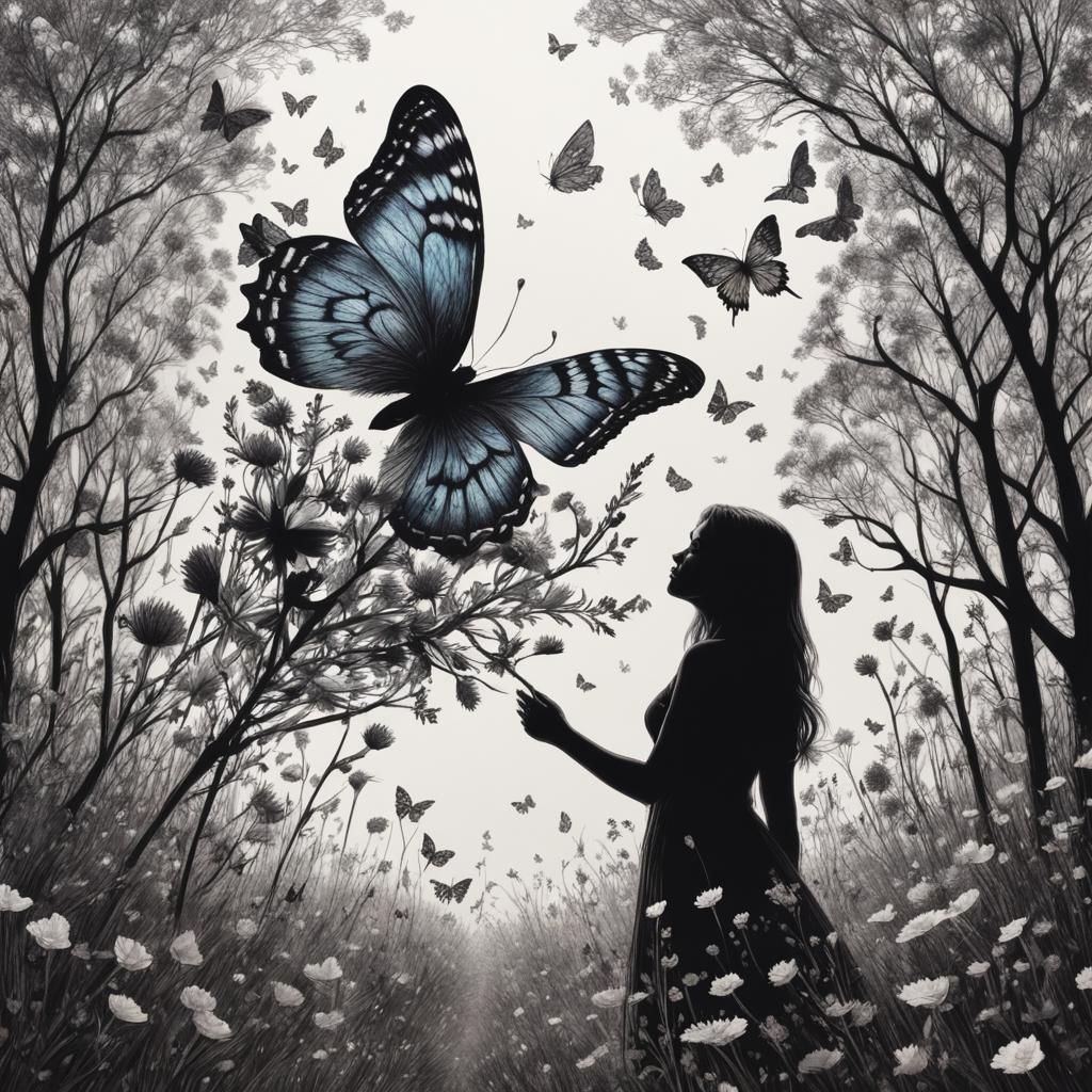 Owl and Butterfly Double Exposure Line Art