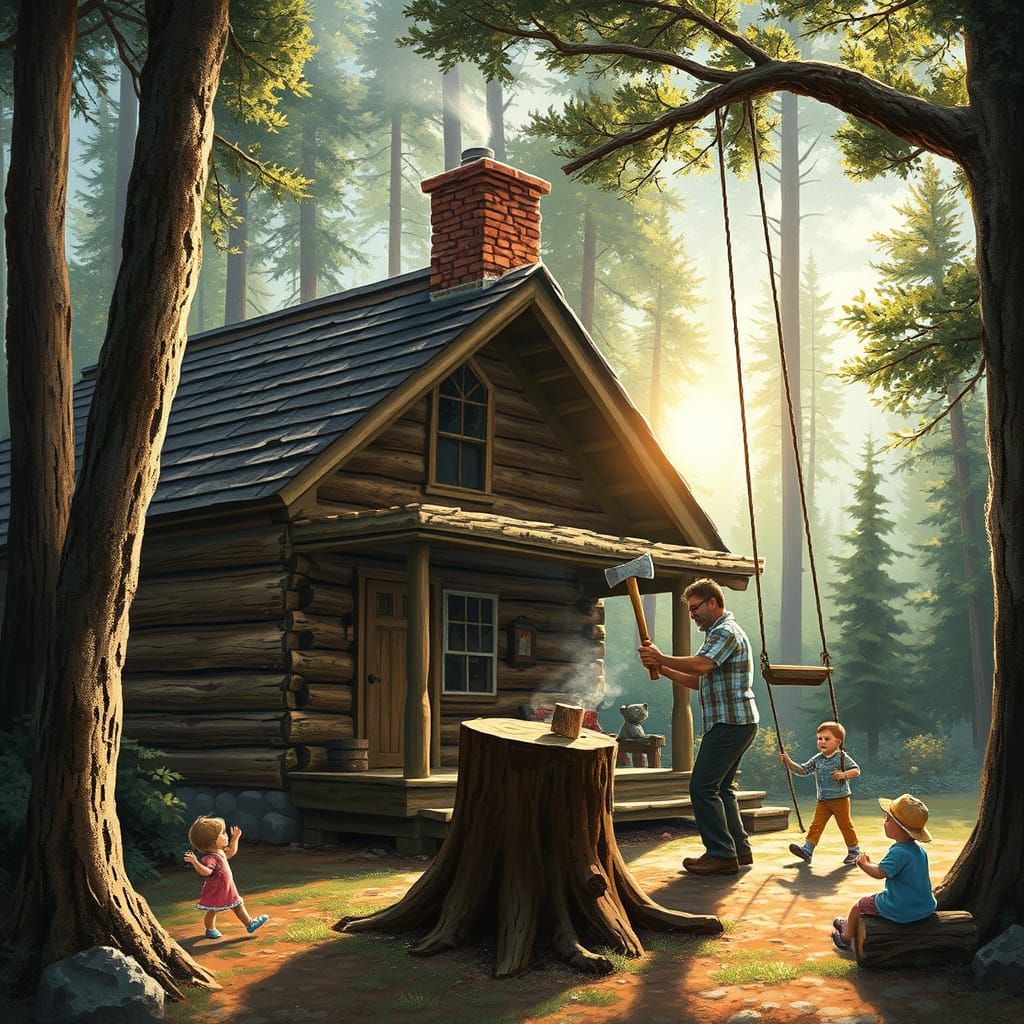 Cozy Cabin Scene in Whimsical Woodland Style