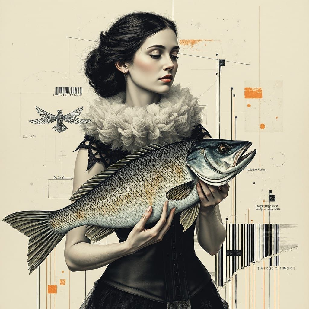Portrait of a Woman Holding a Fish in a Vibrant Mixed-Media...