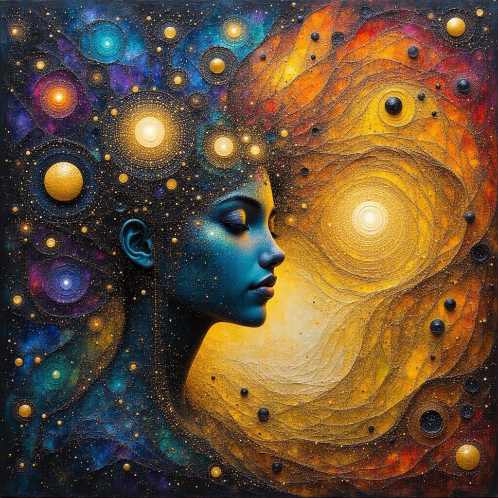 Goddess with Fractal Hair in Cyberpunk Art Deco Style