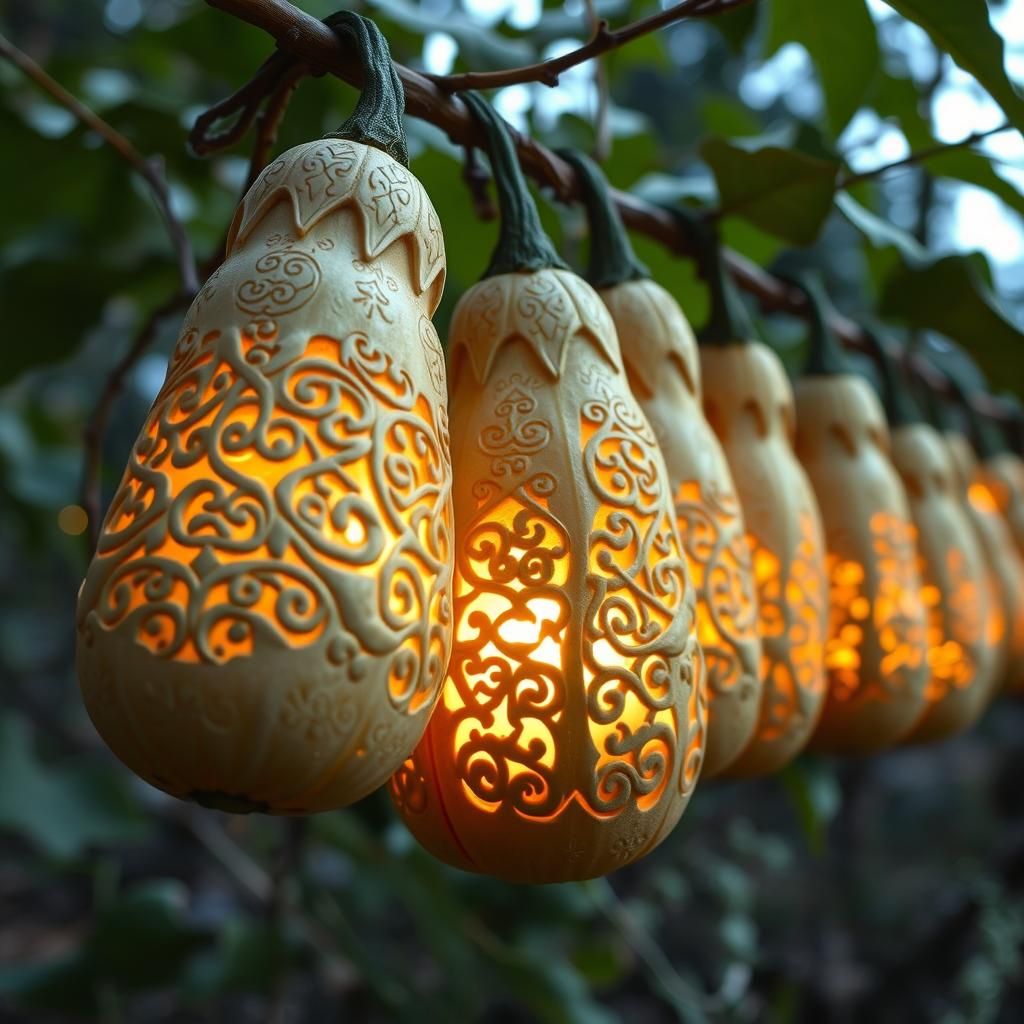 Intricately Carved Celtic Gourds with Internal Glow