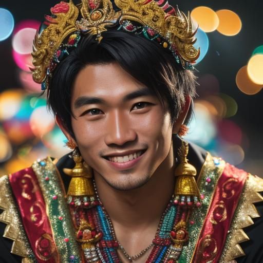 A Joyful Balinese Gentleman Surrounded by Colorful Candy