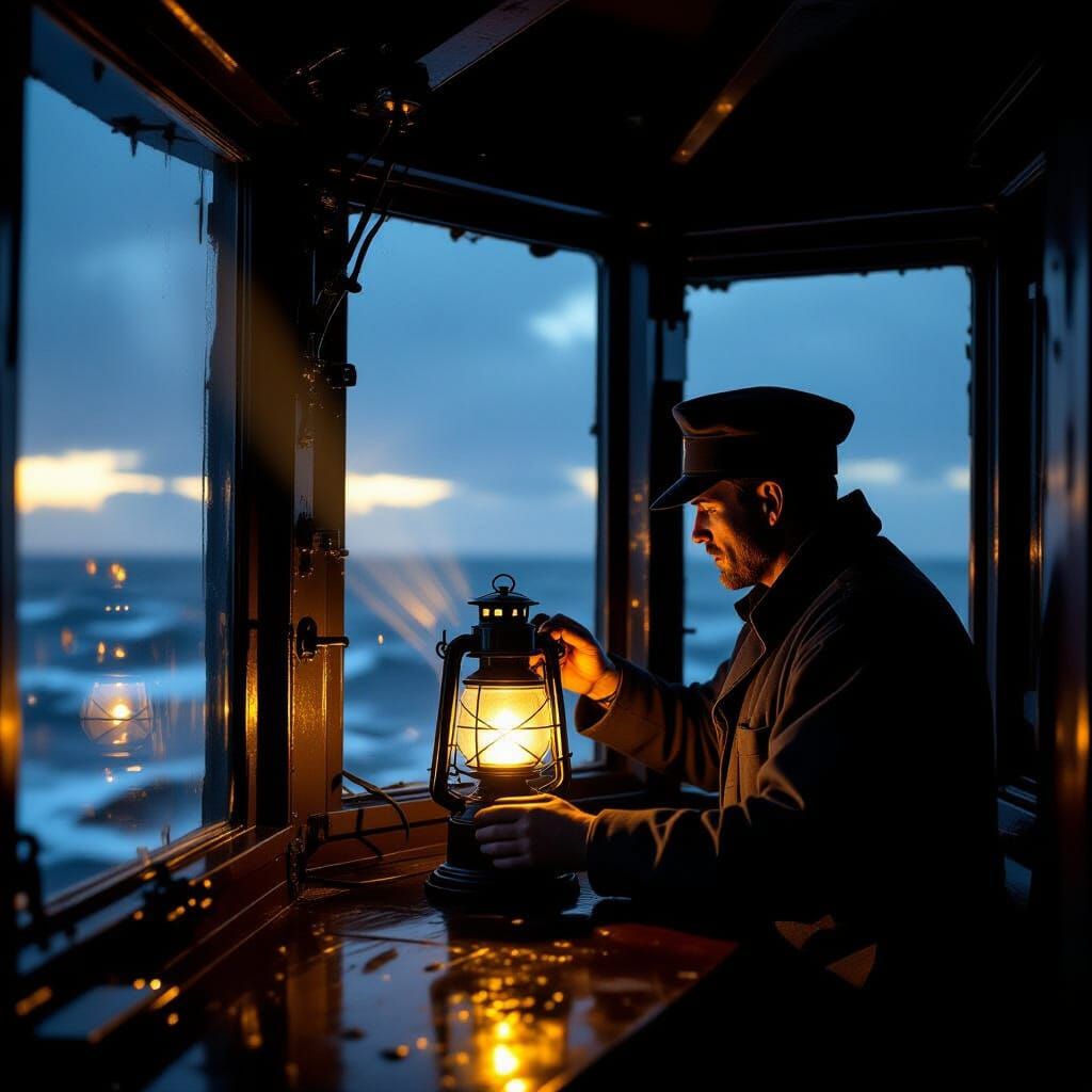 Lighthouse Keeper Polishing Lantern in Stormy Night