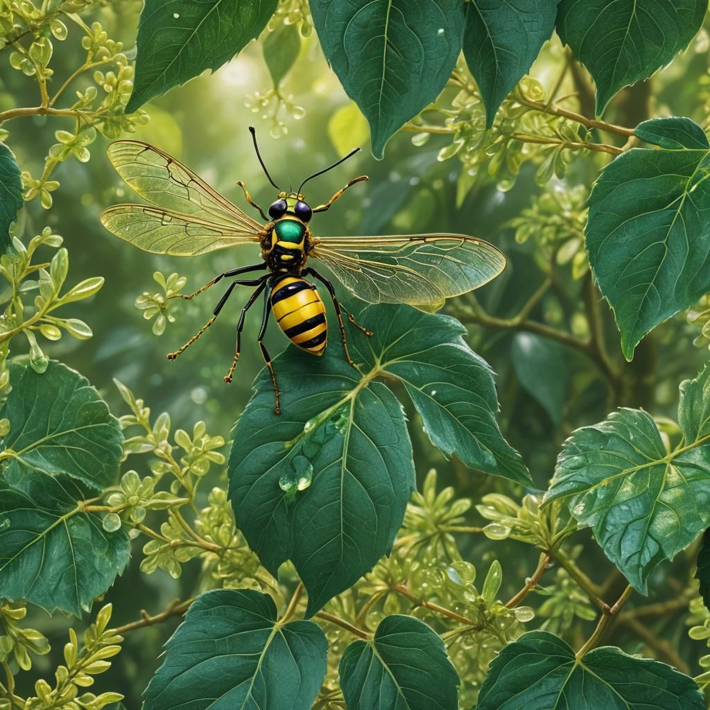 Yellow Jewel Wasp in Lush Green Fantasy Landscape
