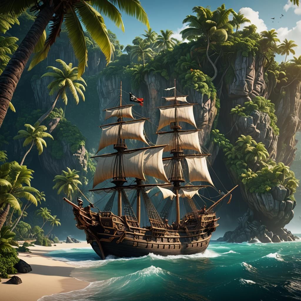 Pirate Ship Sails Near Tropical Island in Detailed Painting
