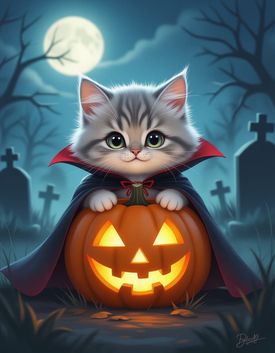 Adorable Vampire Cat in Moonlit Graveyard