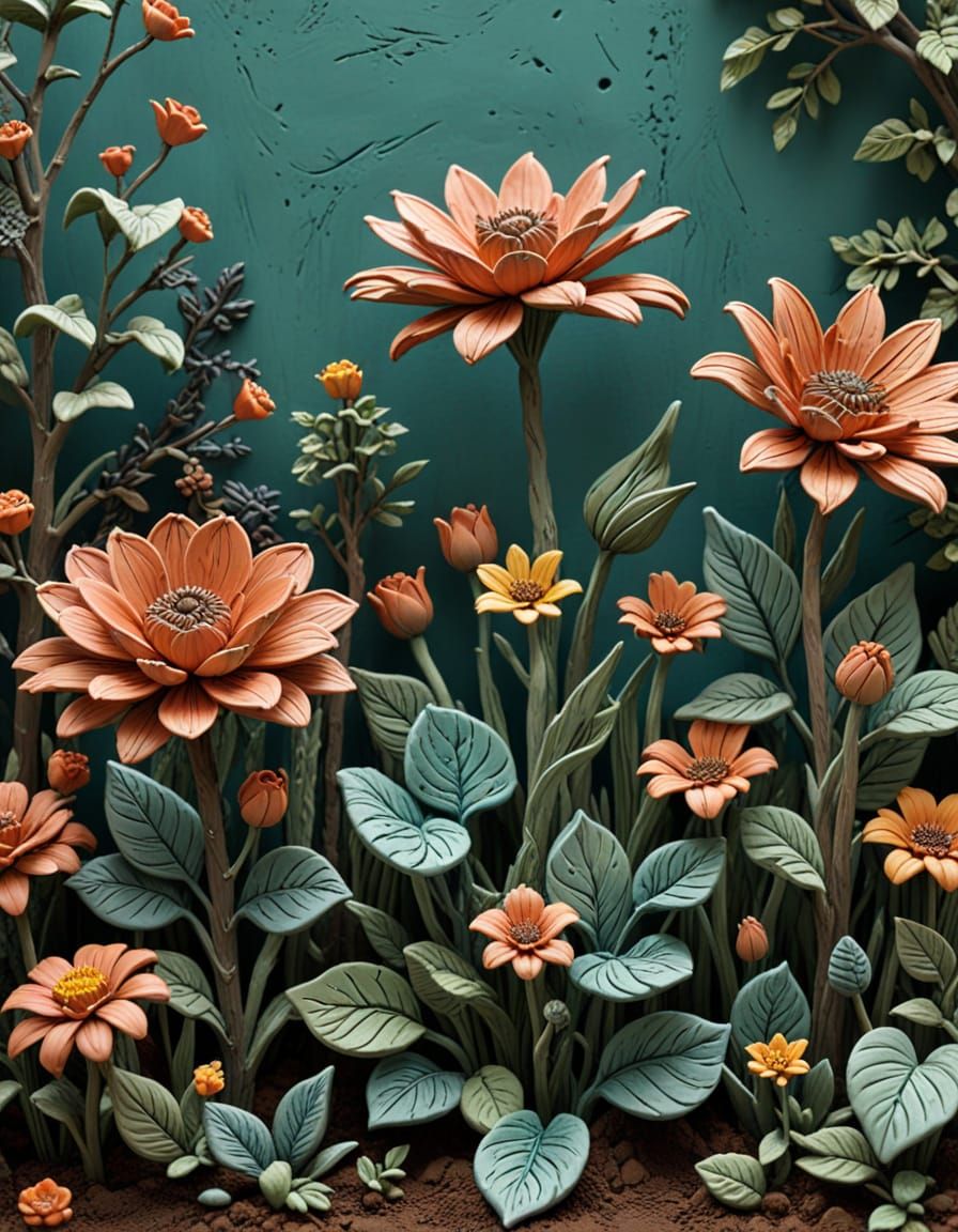 Intricate Clay Garden: Hyperdetailed Sculpture