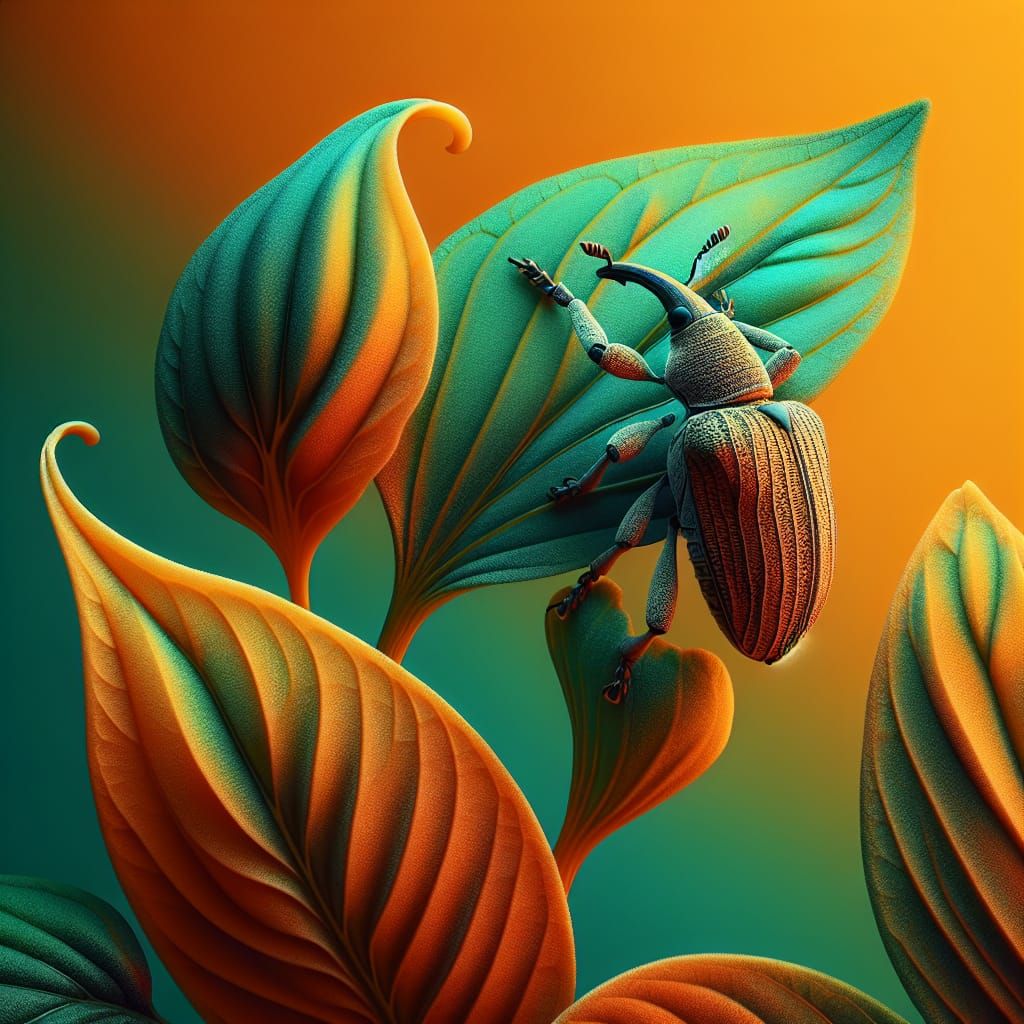 Detailed Macro Photo: Brown Weevil on Green Leaf