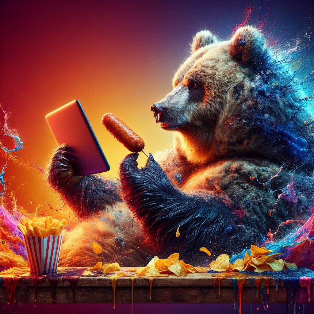 Hyperrealistic Bear Watching Netflix and Eating Snacks