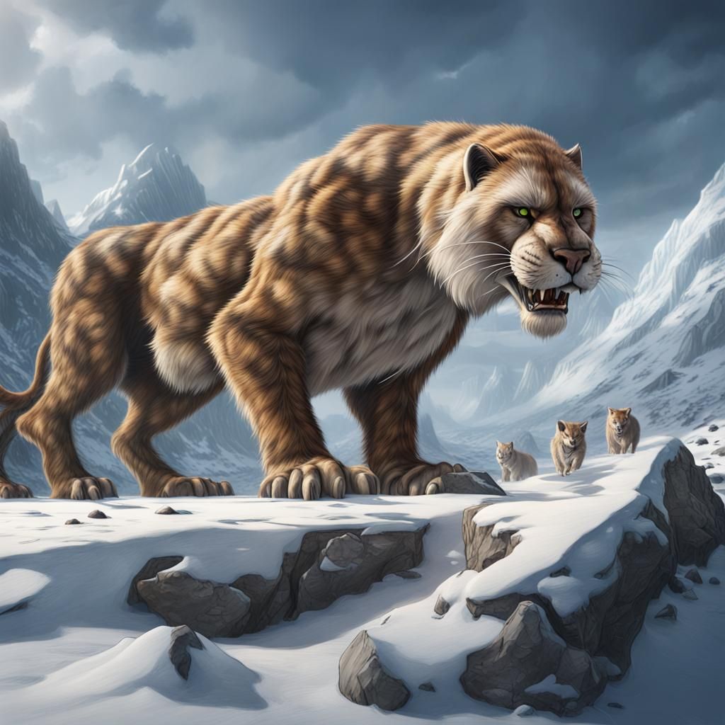 Saber-Toothed Cats in Snowy Prehistoric Landscape