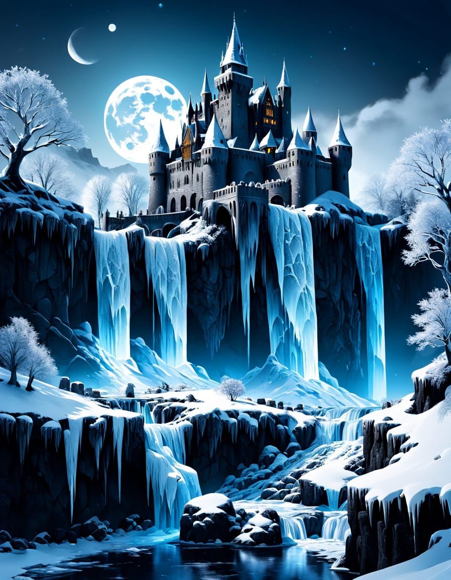 Ethereal Winter Castle Amidst Frosty Waterfall